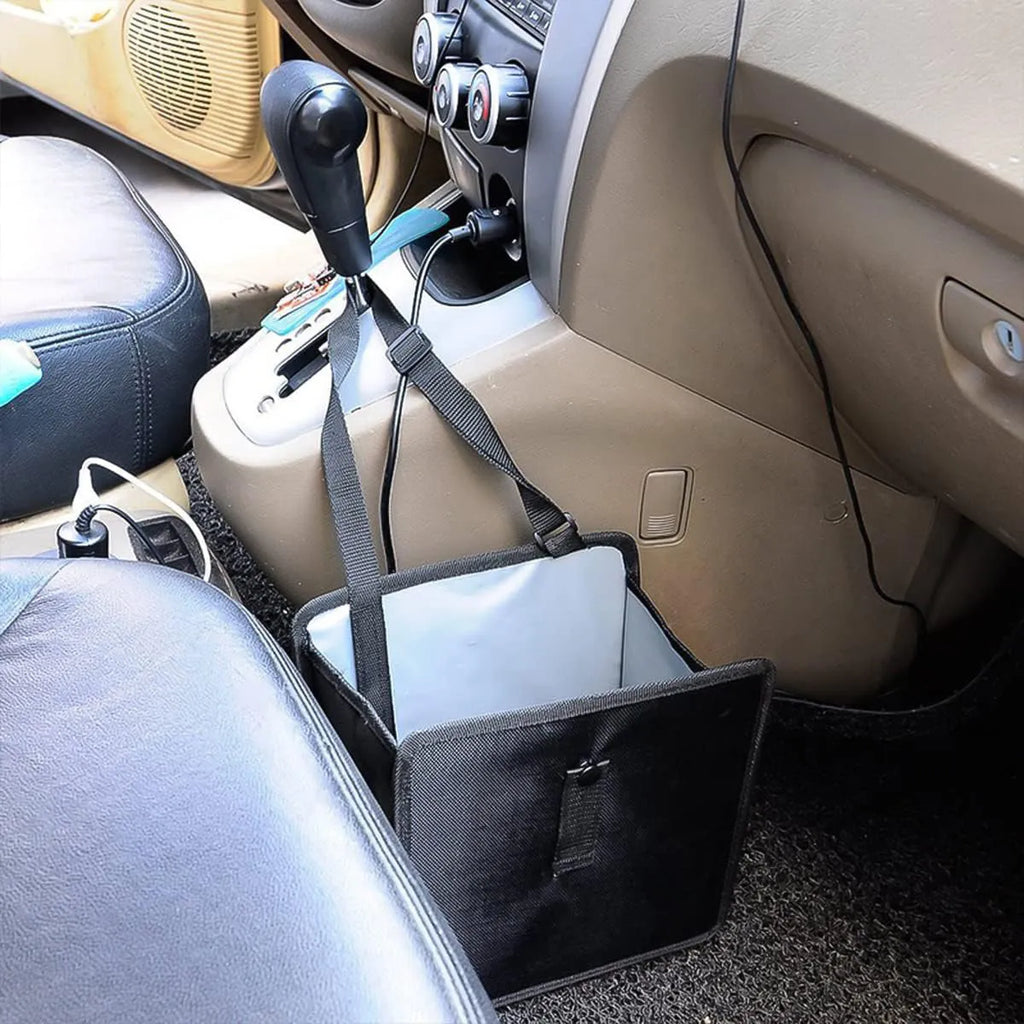 Black Oxford cloth car folding trash can with hanging strap and 8.7 litre capacity