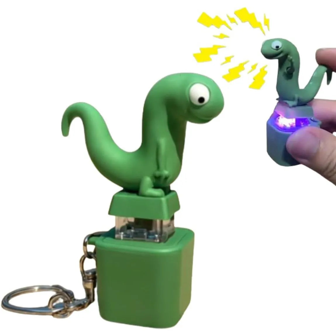 Lizard button keychain decompression clicker in PVC, 3 cm x 6.5 cm, green colour, with rechargeable luminous sounding design