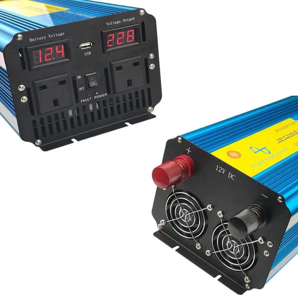 Blue 3000W pure sine wave power inverter with digital displays and UK socket