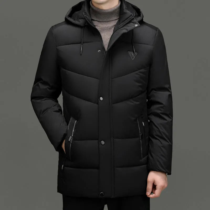 Men's extra thick down cotton-padded jacket in black, cardigan style with side pockets