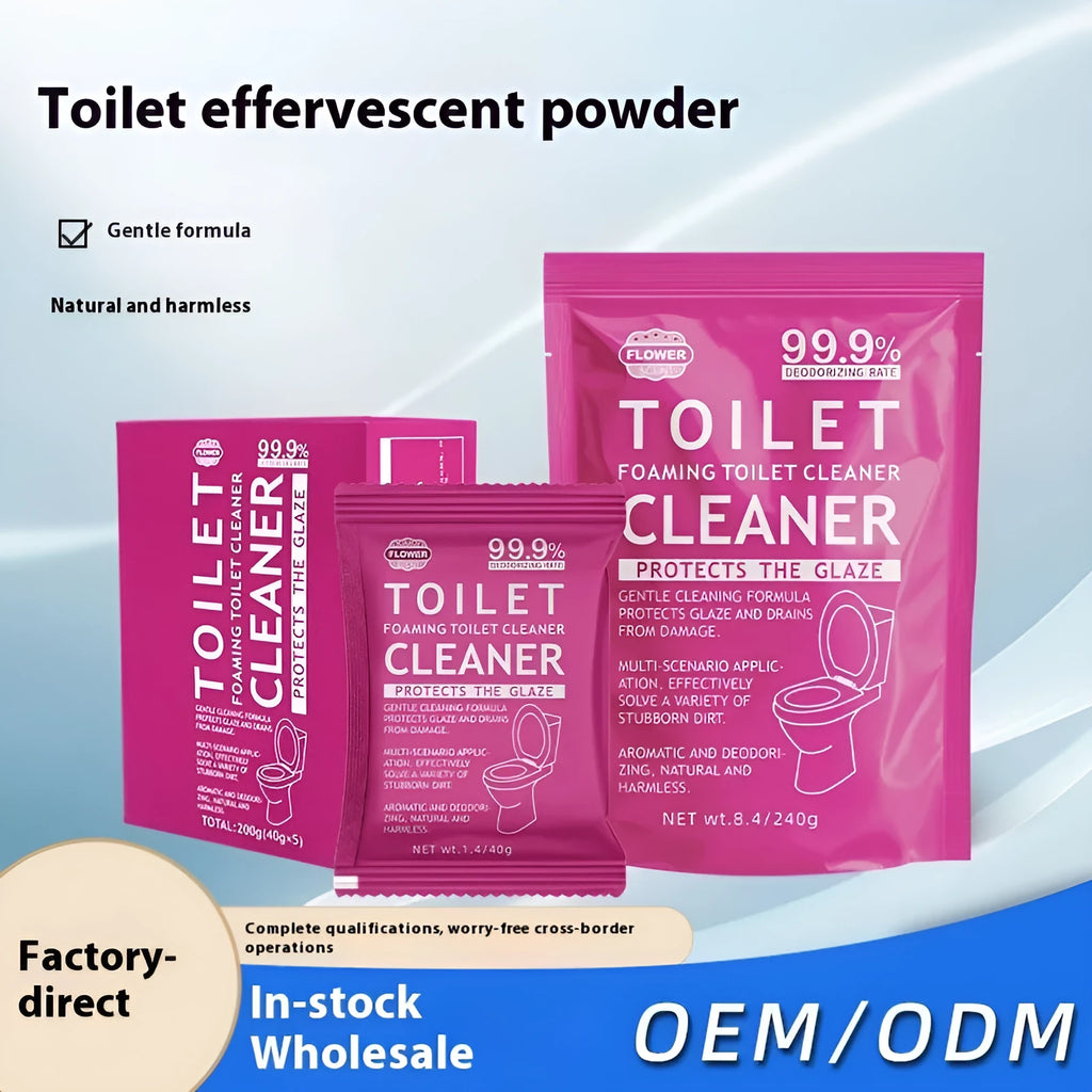 Toilet bubble powder cleaning product in blue ocean or pink floral fragrance, 240g bag or box of 5 sachets.
