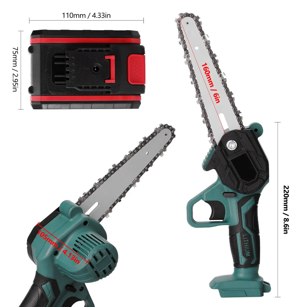 Black mini electric chainsaw with 4-inch guide bar held in one hand, showing lightweight cordless design.