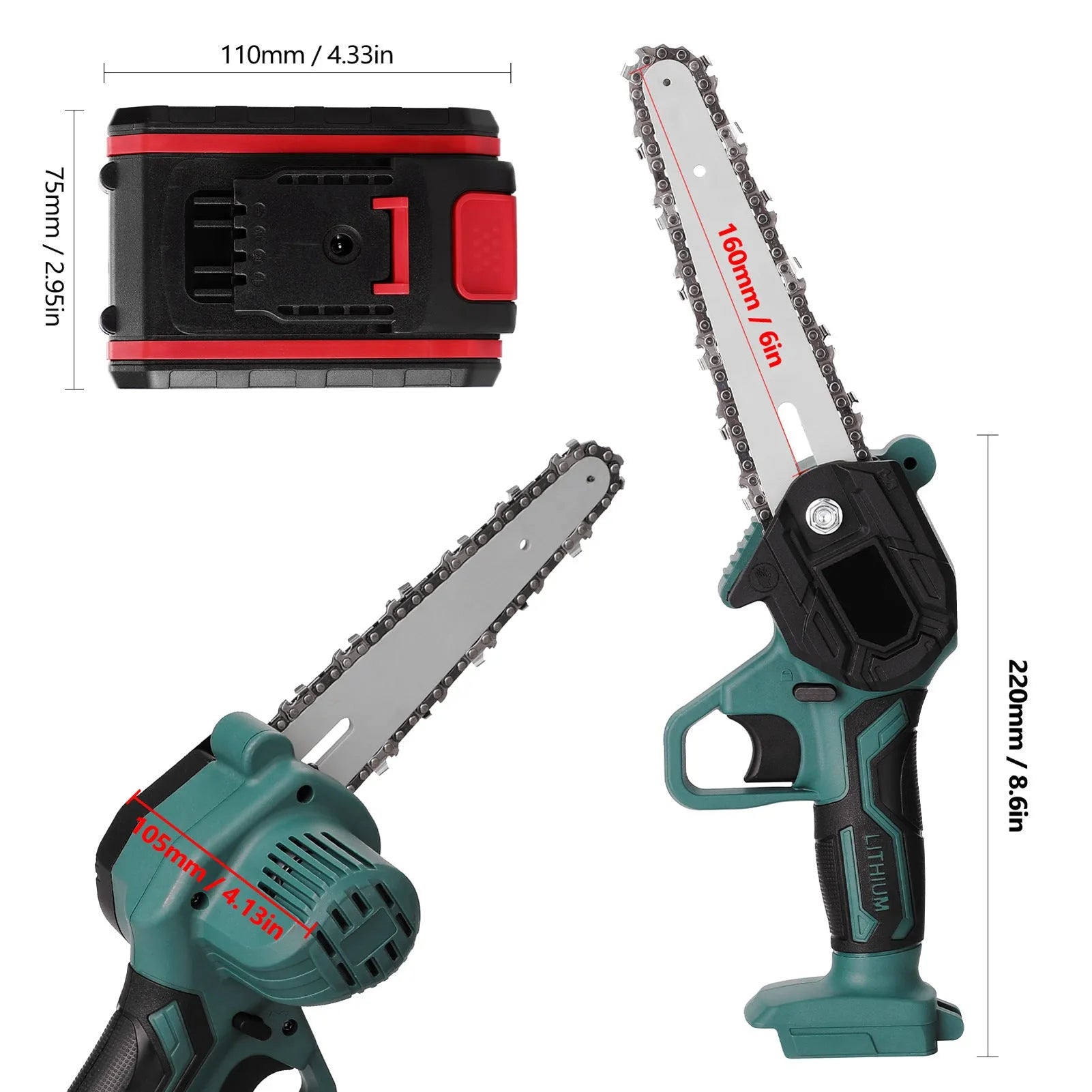 Black mini electric chainsaw with 4-inch guide bar held in one hand, showing lightweight cordless design.