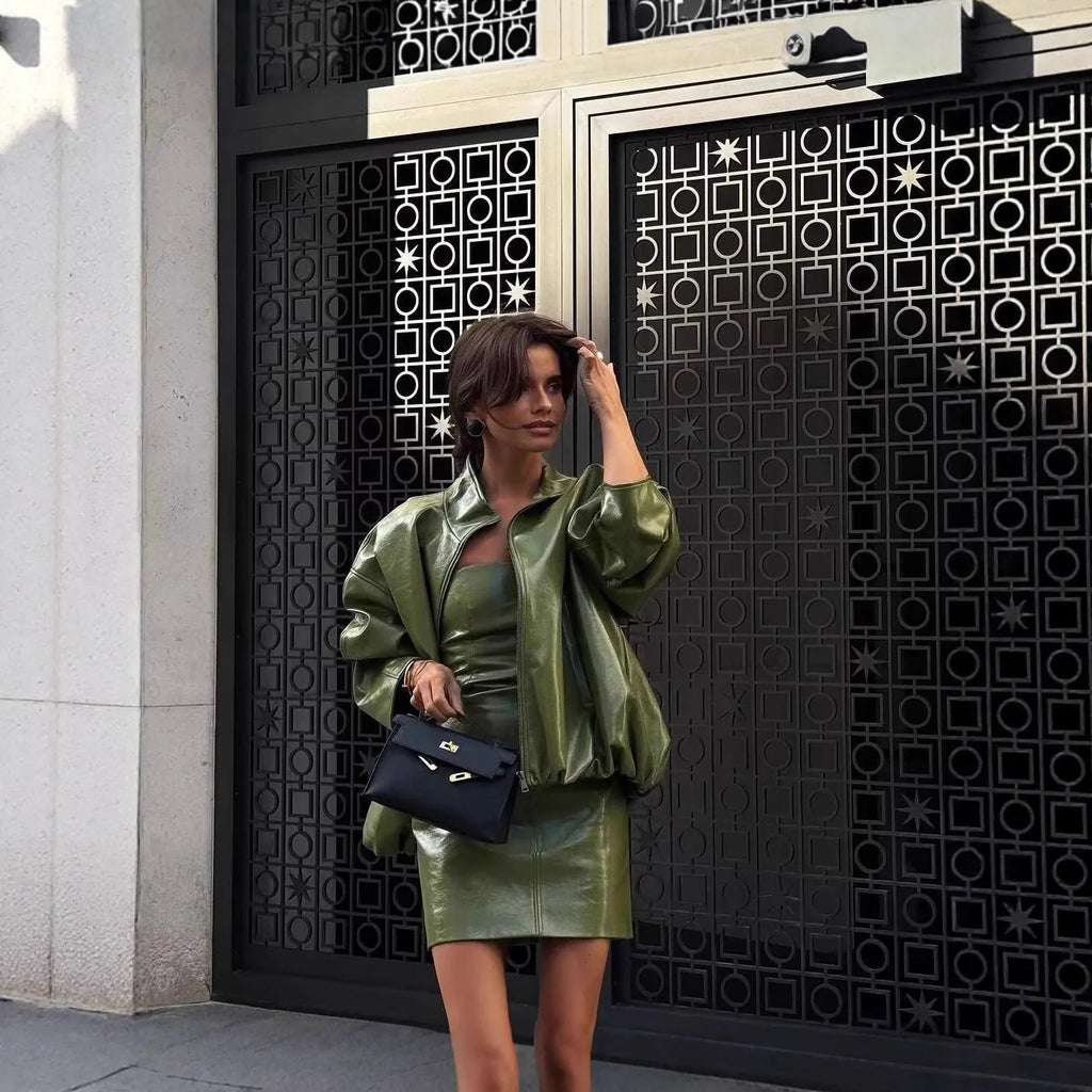 Green PU leather jacket and strapless dress set in cotton polyester, sizes S M L, street hipster style