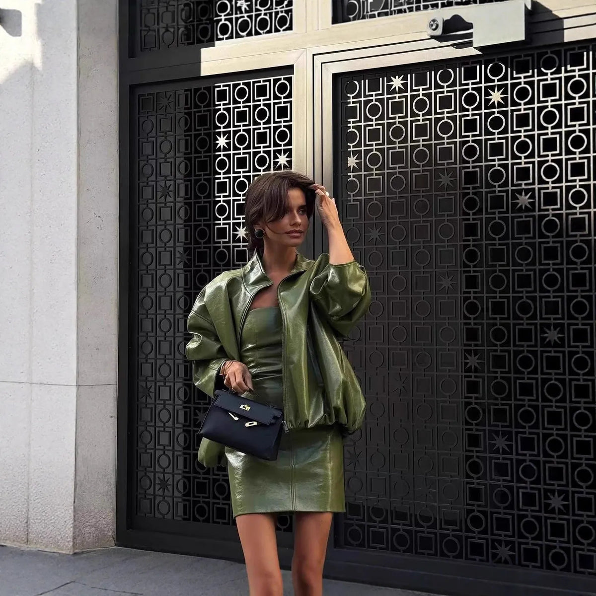 Green PU leather jacket and strapless dress set in cotton polyester, sizes S M L, street hipster style
