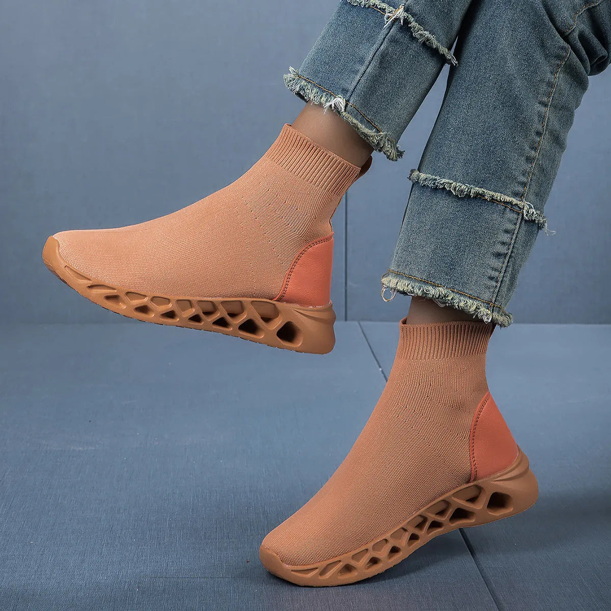 Women's casual mesh slip-on shoes in terracotta colour with round toe and flat sole