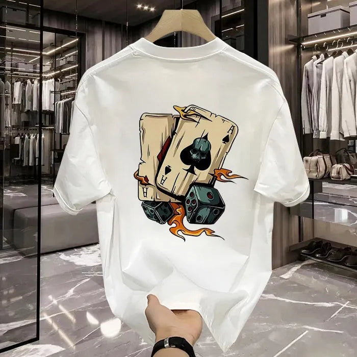 Men's black and white heavy cotton short-sleeved t-shirt shown in multiple sizes