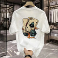 Men's black and white heavy cotton short-sleeved t-shirt shown in multiple sizes