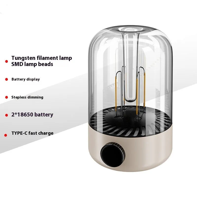 Beige and black camping ambience light with control knob and USB port for charging 18650 batteries