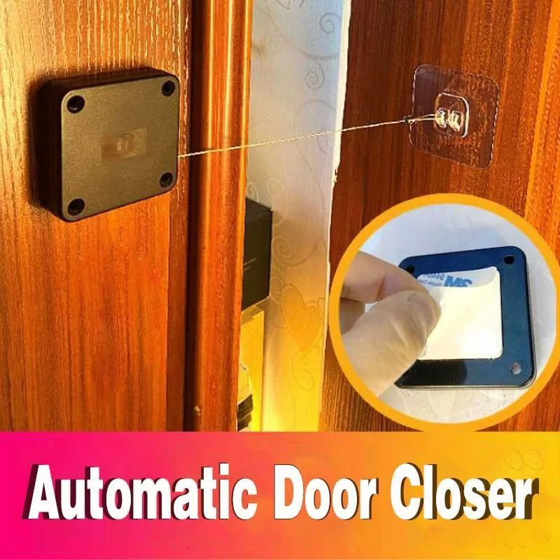Automatic door closer with adhesive mounting for sliding and glass doors showing compact ABS housing