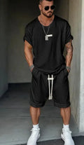 Men's mesh T-shirt and shorts set with letter printing in hip hop style