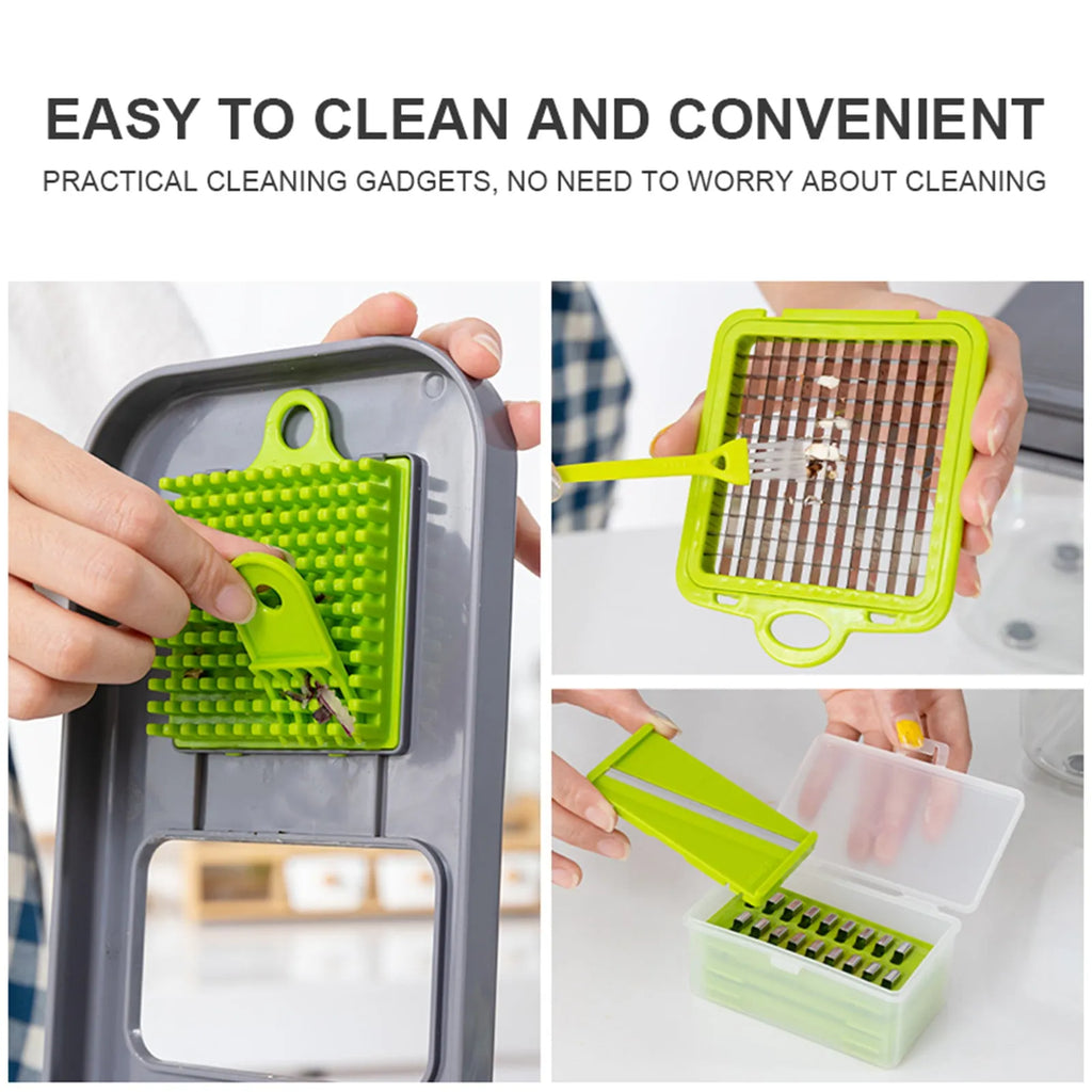Grey multifunctional vegetable cutter with stainless steel blades and ABS body, foldable design, water filter basket, 26x15.5x14.5 cm