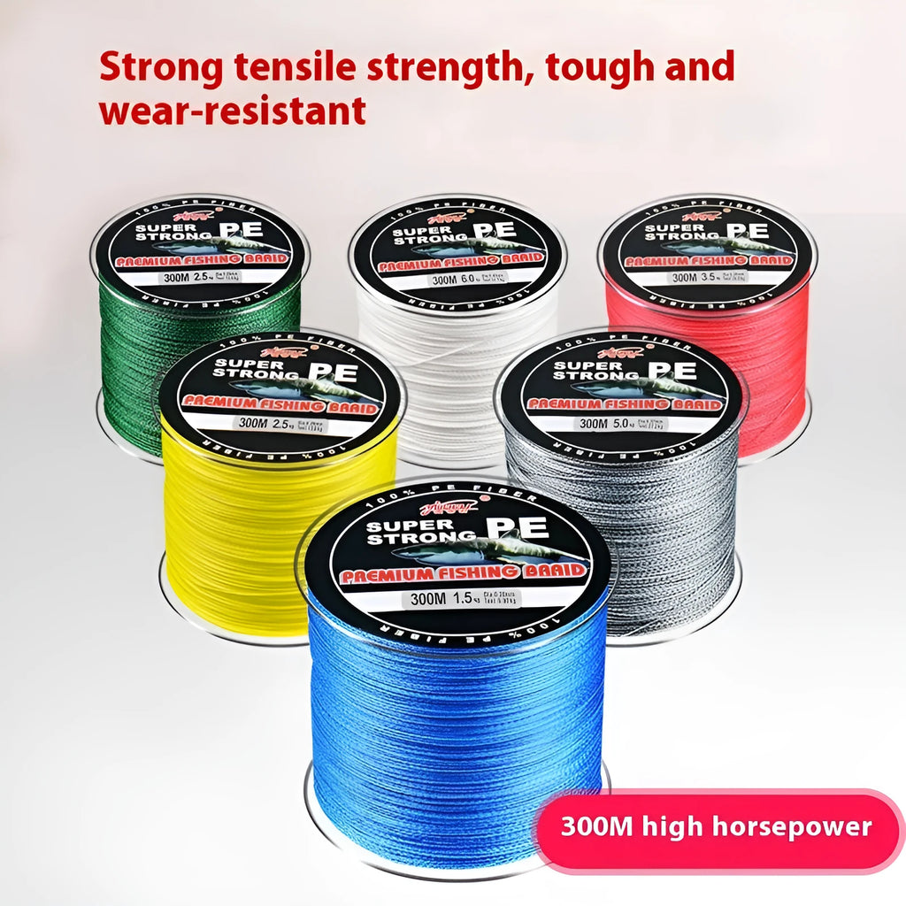 Dali Mayu 300 metre PE fishing line reel in assorted colours on a white background