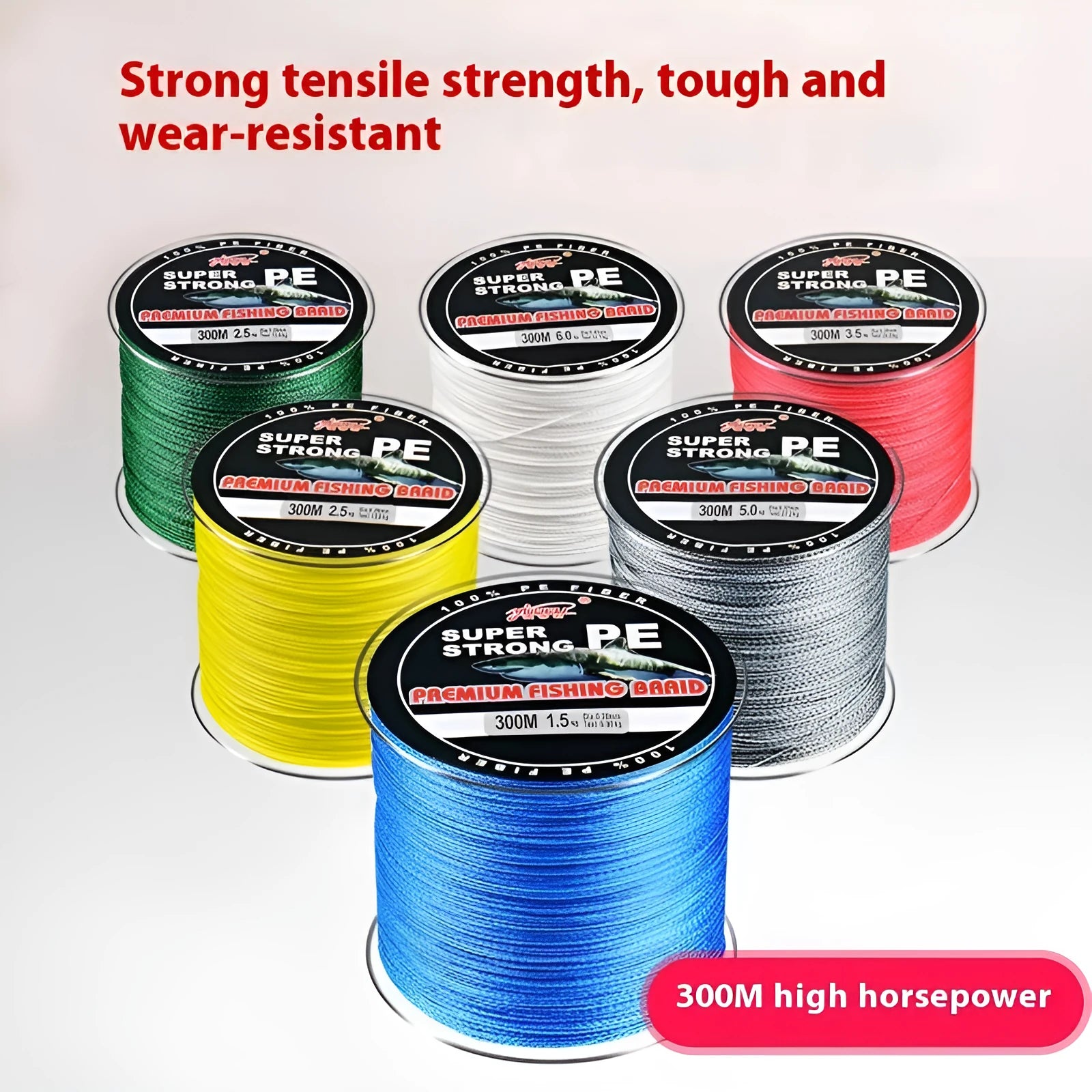 Dali Mayu 300 metre PE fishing line reel in assorted colours on a white background