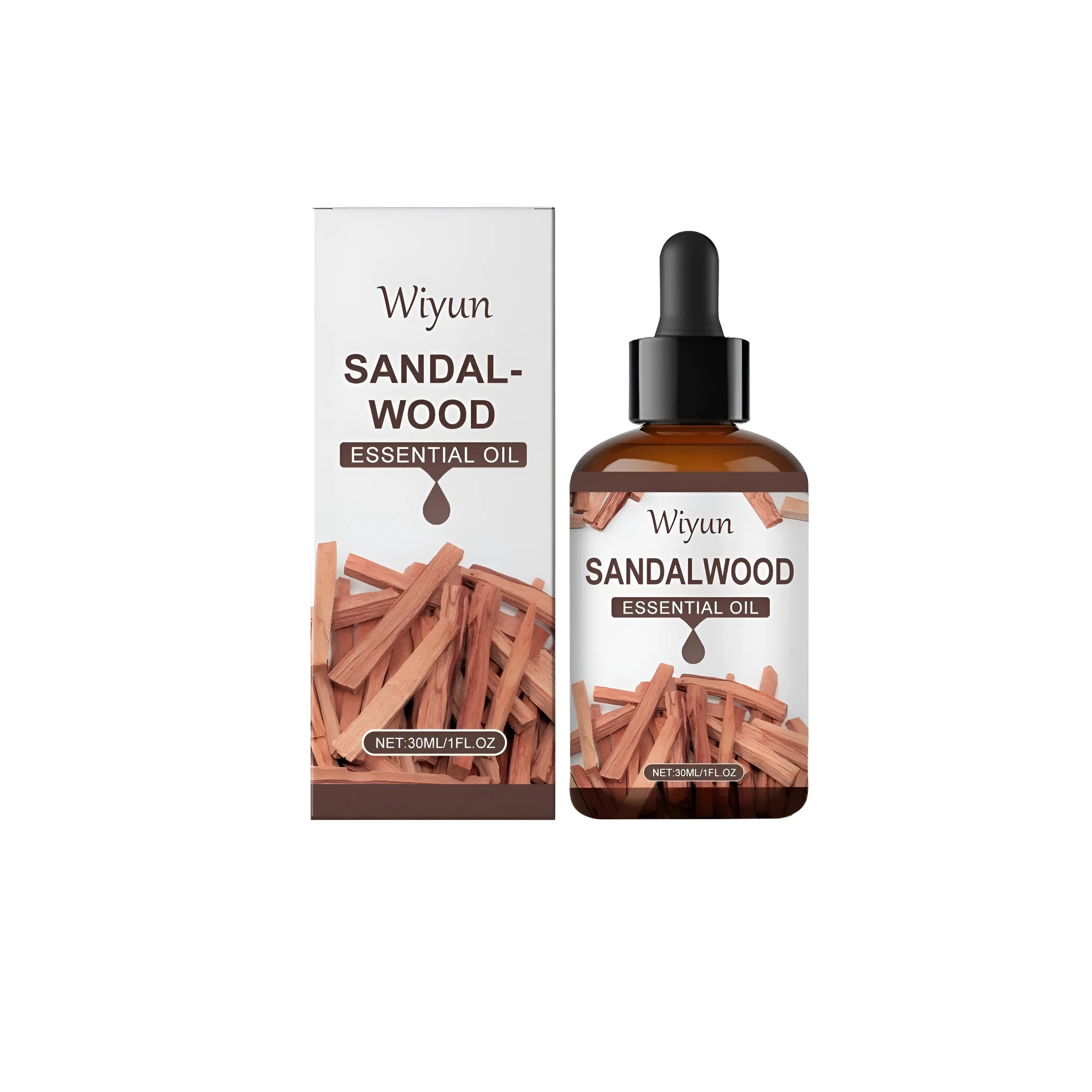 30ml bottle of sandalwood fragrance essential oil with listed ingredients.