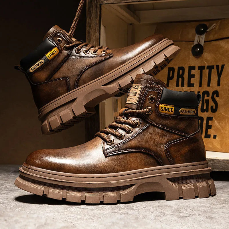 Men's brown Martin boots with high-top design, lace-up front, and round toe on rubber sole