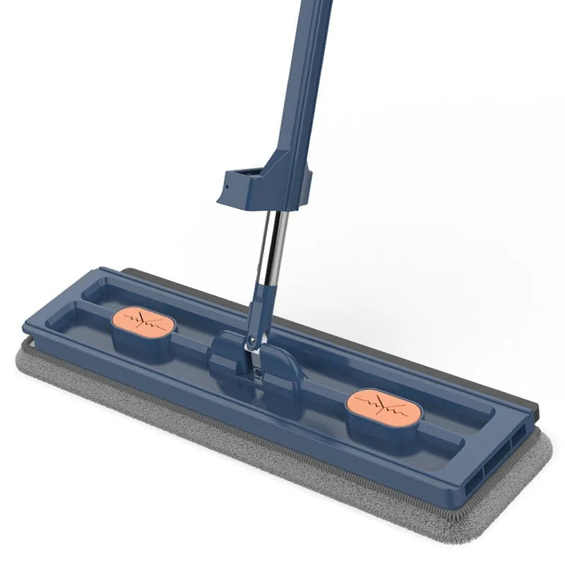 Large flat mop with stainless steel long handle and blue cloth showing 360-degree rotating head mechanism