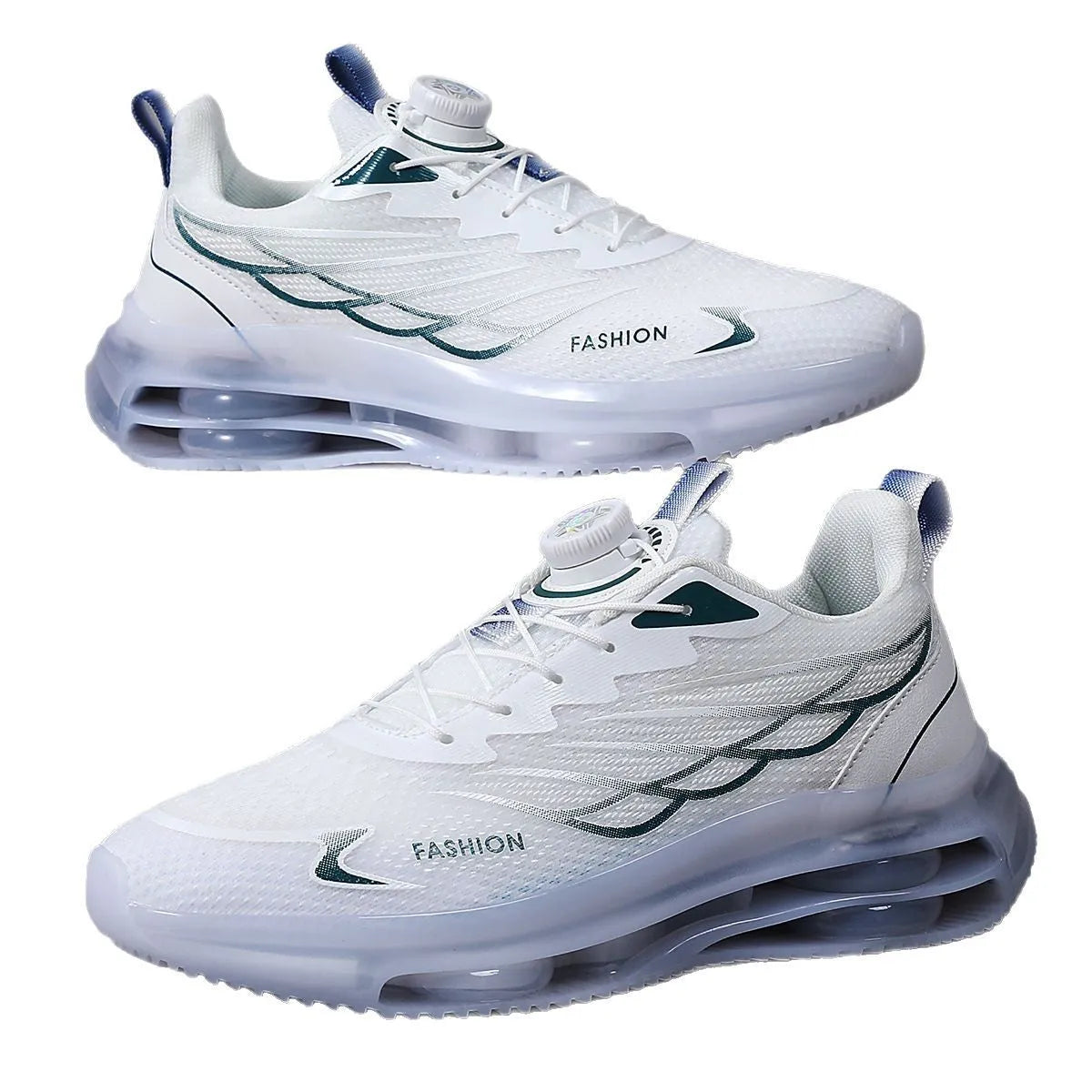 Men's white Korean style mesh casual sneakers with rotating button lace-up and rubber sole.