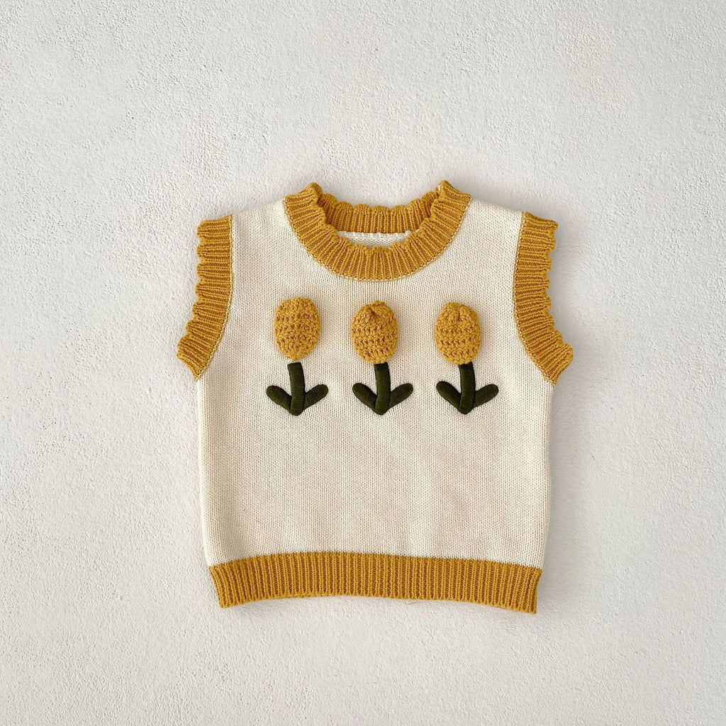 Baby girl sleeveless knitted pullover top in almond white with three-dimensional flower detail, spring autumn cotton knit
