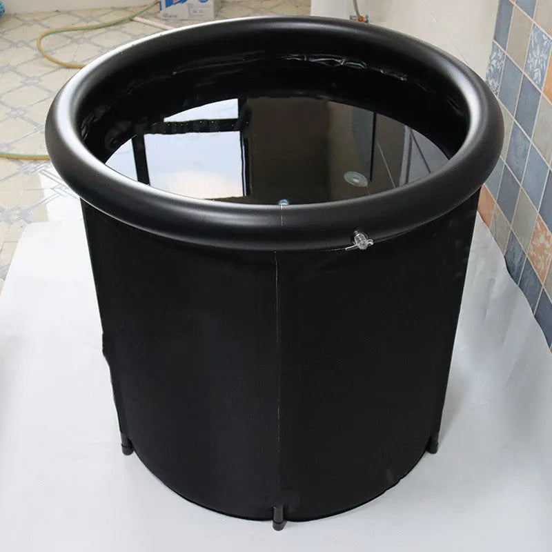 Black portable inflatable ice bath tub measuring 70x80cm with weather lid and drainage components