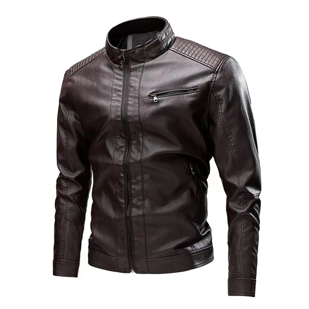 Men's PU leather motorcycle jacket with retro stitching, straight hem, available in black brown khaki and bright yellow