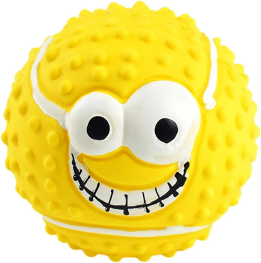 Green latex squeaky dog ball with smile face design for fetch and chew play