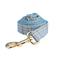 Sky blue grid forest pattern dog collar set with leash, bow, and vest for special occasions