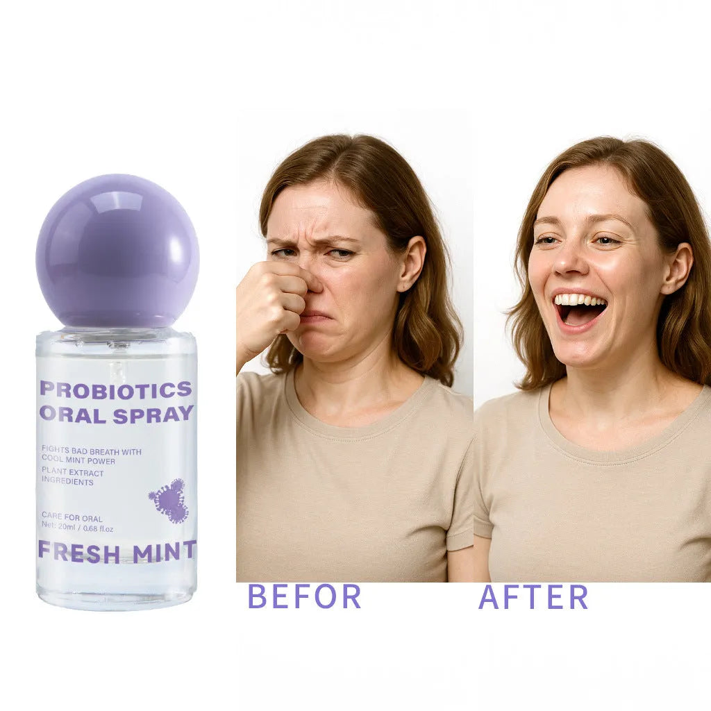 Portable probiotic oral spray 20ml bottle on white background, fresh breath mouth spray for on-the-go use