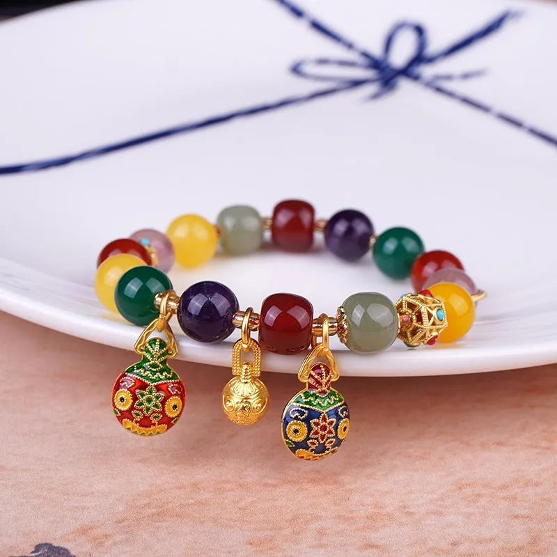 Hand-woven agate bracelet with swallowing gold beast charm and 10mm beads