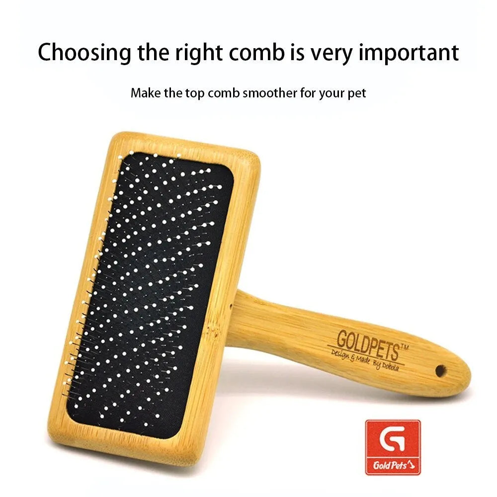 Goldpets bamboo handle pet slicker brush with stainless steel pins for grooming cats and dogs.
