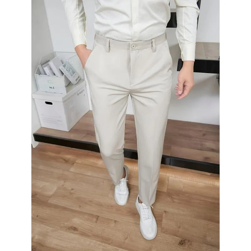Men's straight high-waisted black casual pants in bamboo blend fabric, elastic waist, cropped leg