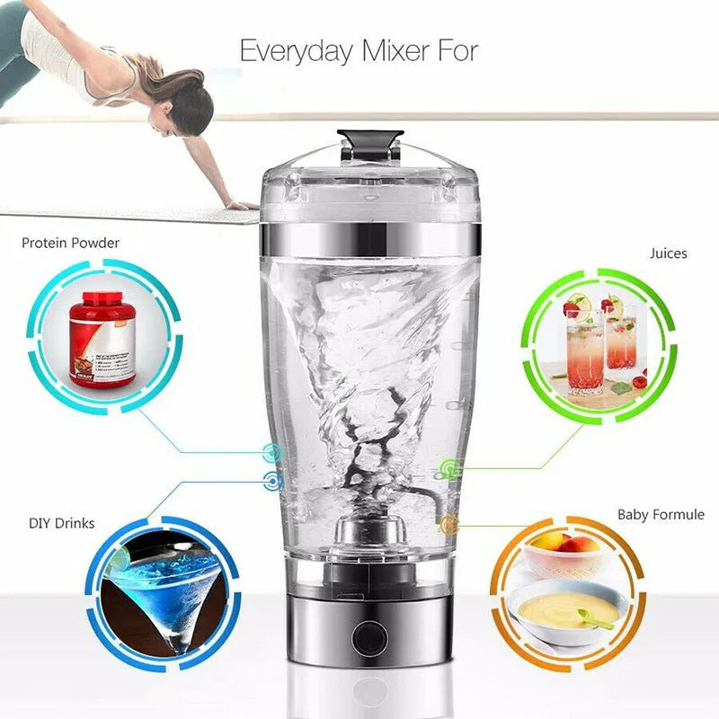 Stainless steel colour USB rechargeable electric blender bottle with motorised lid and 600ml capacity.