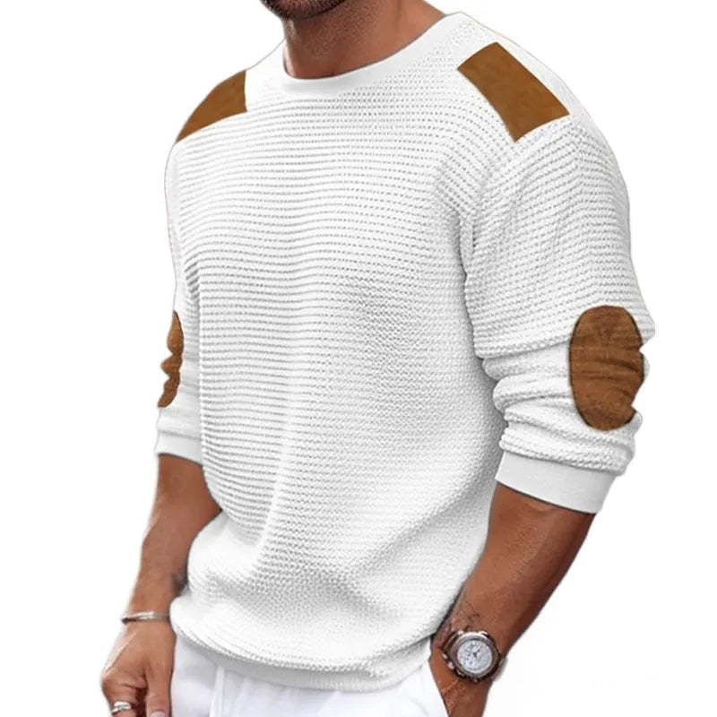 Men's round neck long sleeve acrylic knitwear pullover in slim fit, stitching detail, available in white black khaki gray