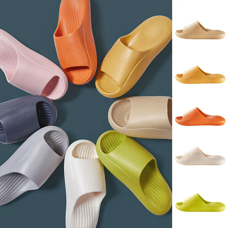 Stylish slip-on slippers in various colors, featuring anti-slip design and premium EVA material for ultimate comfort