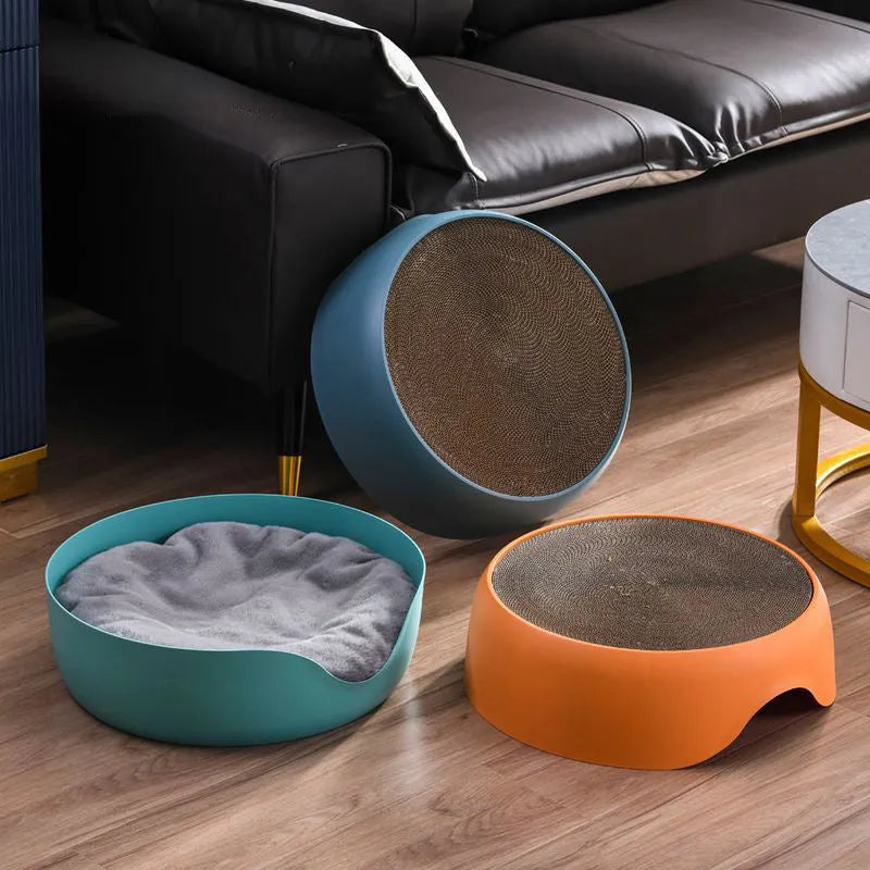 Cat nest scratching bowl with thick plush mat in blue, green, and orange for all-season use