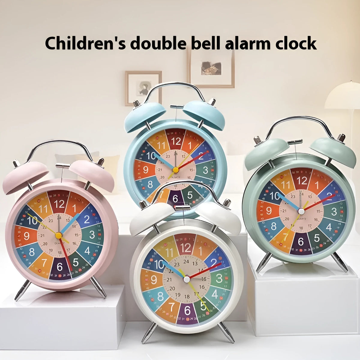 White children's alarm clock with LCD pointer and number display, night light button, and cartoon style design
