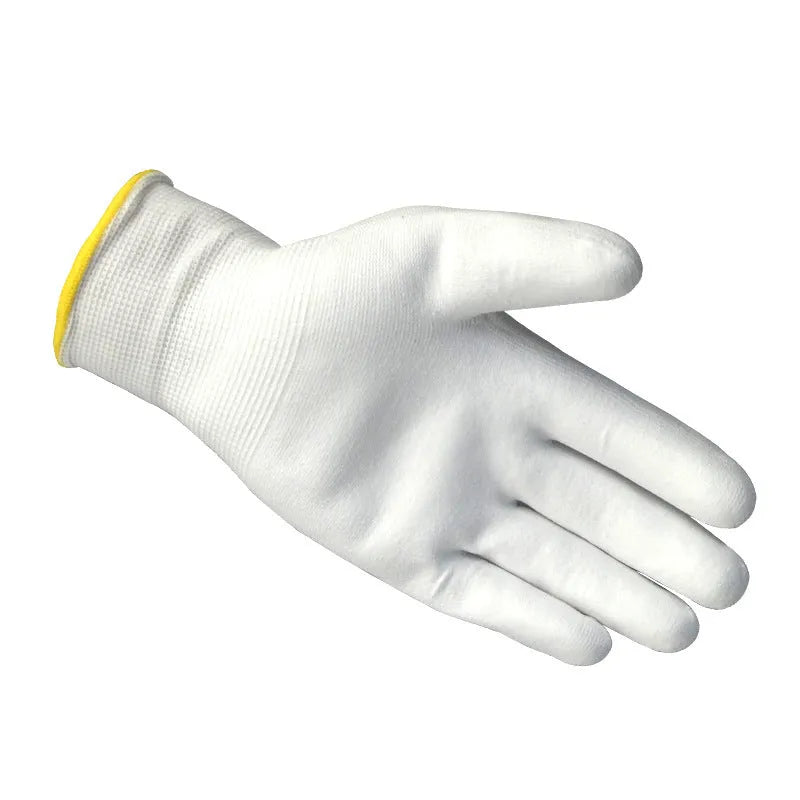 White PU coated work gloves showing palm grip texture, available in L and M sizes