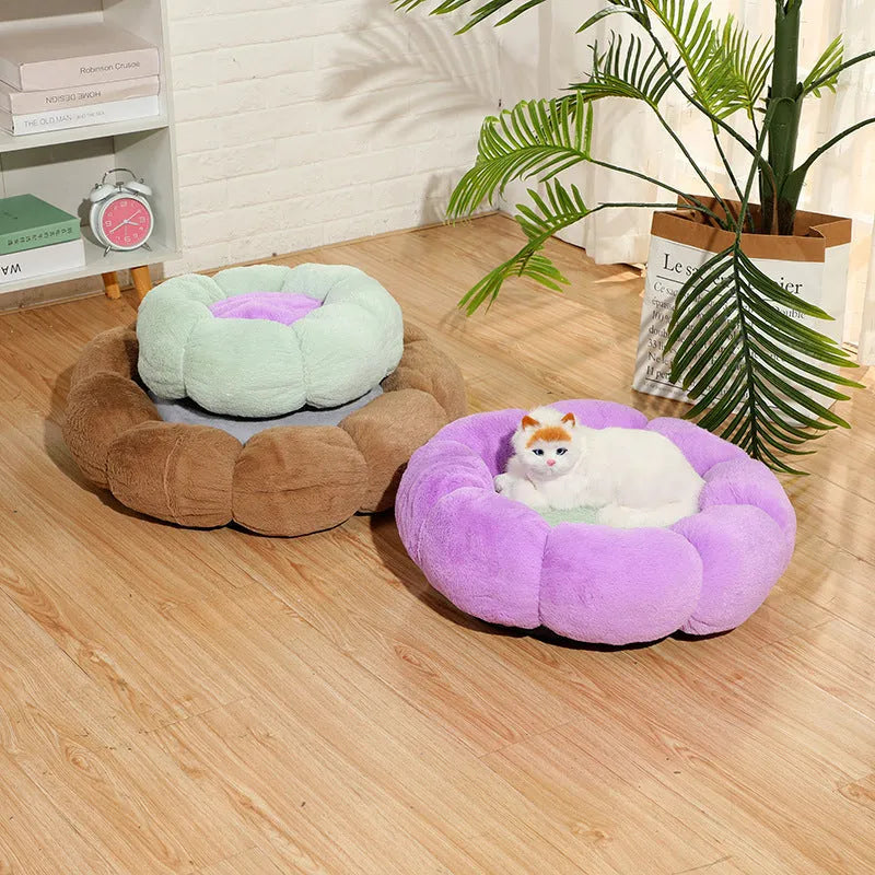 Round cloth pet nest with velvet thickening, 40cm 50cm 60cm, grey blue pink beige, 14cm height