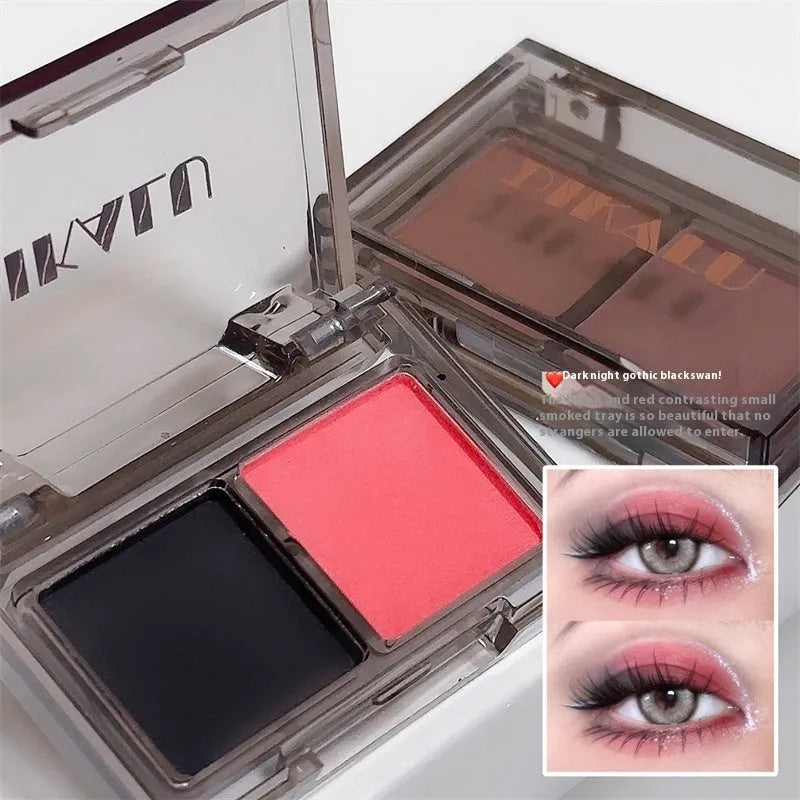 Cool two-tone eyeshadow plate showing five colour combinations including pink and black matte shimmer shades