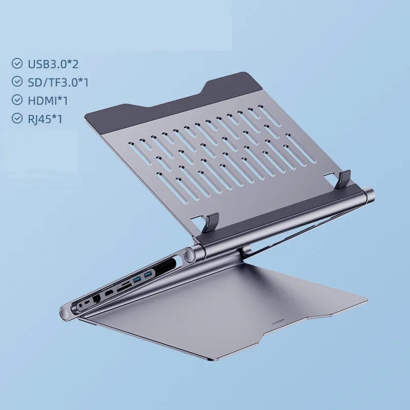 Aluminium alloy laptop stand in deep space grey with cave-type design and optional 8-in-1 docking station