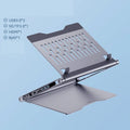 Aluminium alloy laptop stand in deep space grey with cave-type design and optional 8-in-1 docking station