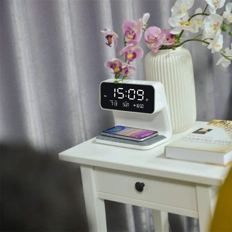 White 3-in-1 bedside lamp with wireless charging pad, LCD display, and ABS lampshade