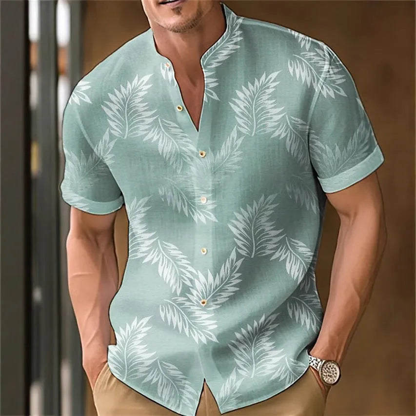 Men's printed casual polyester shirt on a hanger, showing one of eight available colour options.