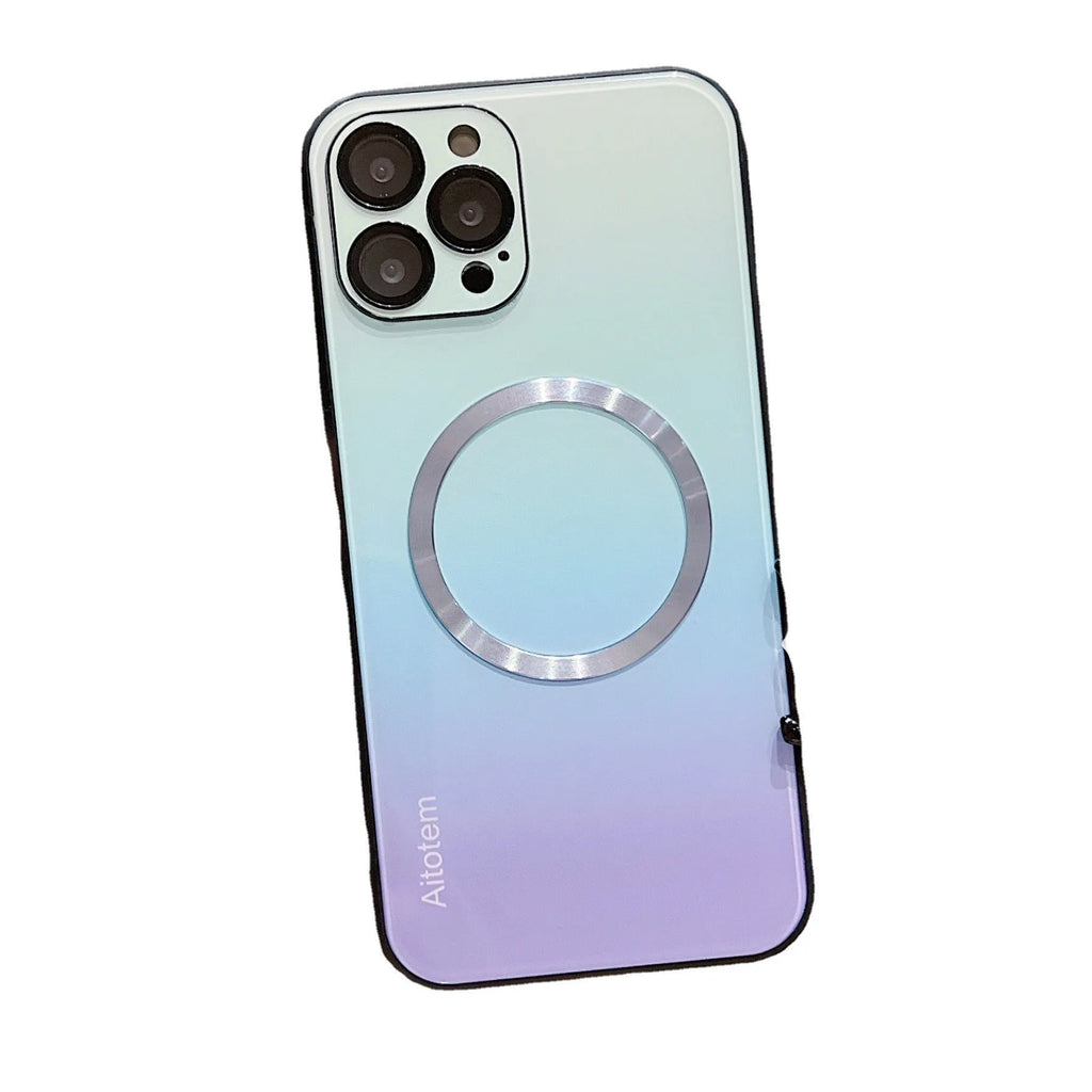 Magnetic gradient phone case with mirror finish for iPhone, featuring fall-resistant TPU glass metal construction
