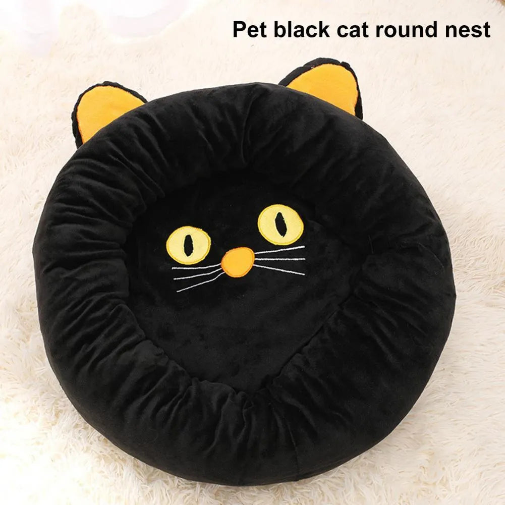 Black cat silhouette shaped velvet cat nest bed with raised cushioned edges