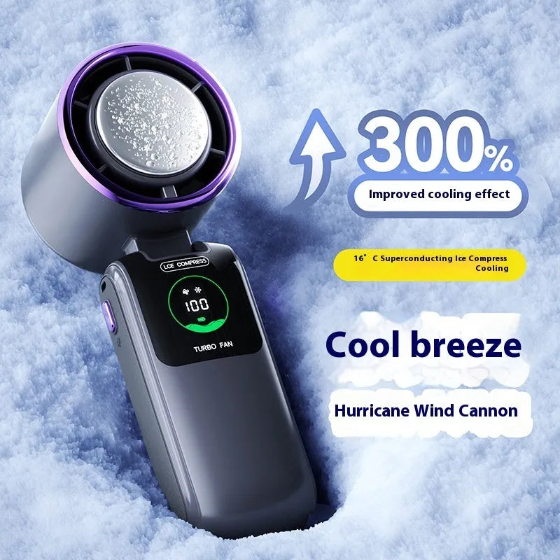 Blue foldable handheld mini fan with neck strap, showing USB port and speed buttons.