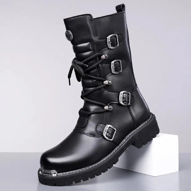 Black men's mid-calf riding boots with side zipper, round toe, flat heel, and suede finish.