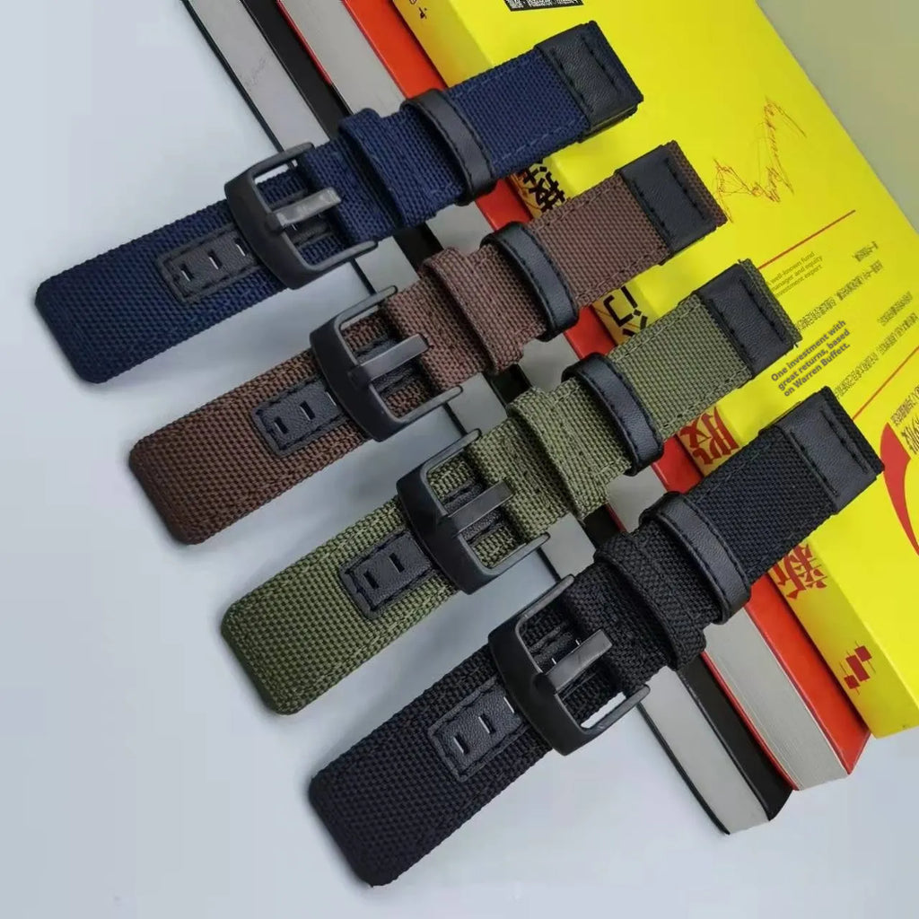 Oxford cloth watch strap shown in camouflage colour with pin buckle, demonstrating 20mm, 22mm, and 24mm width options.