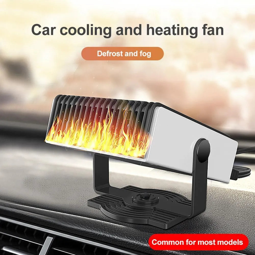 Black and white portable car heater and cooling fan, 180-degree rotation, 150W, 12V 24V, 1.5m cord.