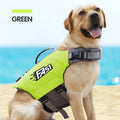 Reflective dog life jacket in orange and green, Oxford cloth and pearl cotton, sizes S-XL for medium and large dogs.